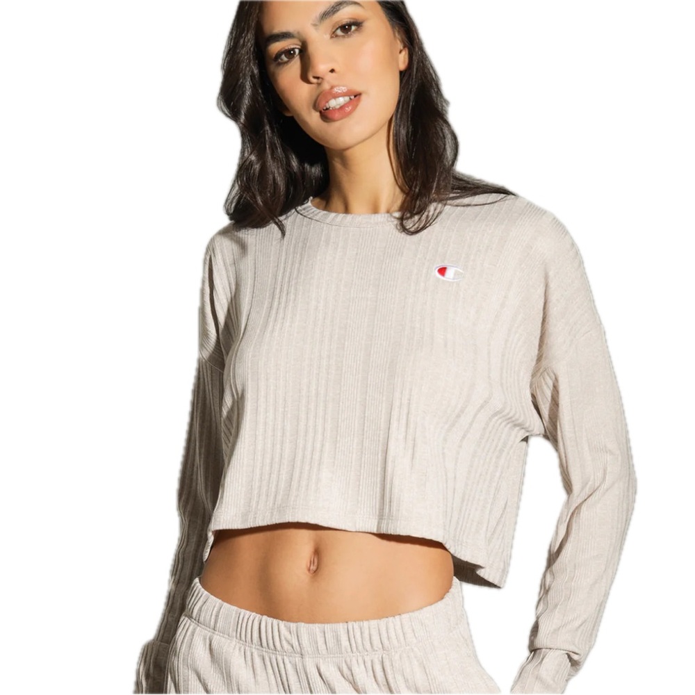 Champion Beige Ribbed Knit Long Sleeve Cropped Athleisure Casual Top Size Medium